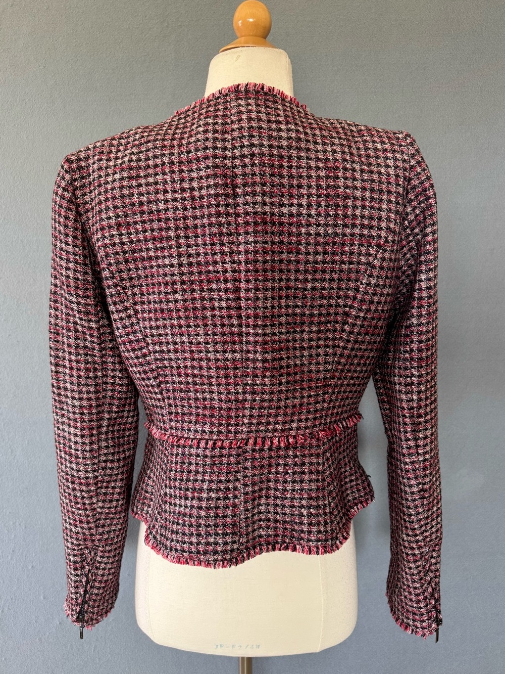White House Black Market Womens 4 Tweed Moto Jacket Red Black Fringe Metallic - Picture 5 of 14